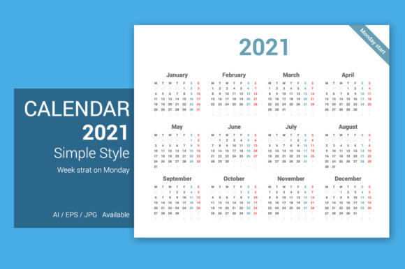 Simple Calendar 2021 Monday Starts: A Clean, Modern Design Asset